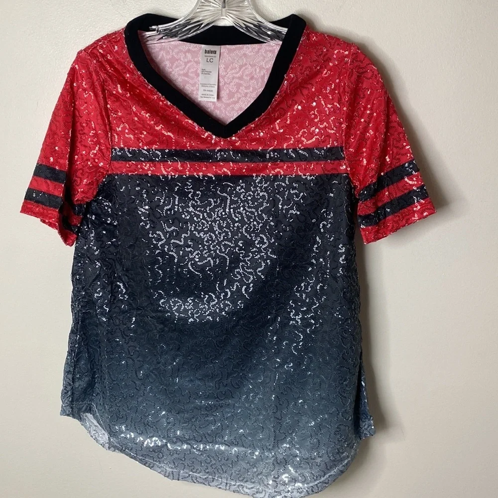 Balera Red & Black Ombre Sequined V-Neck Dance Shirt W/ Striped Sleeves Size MC